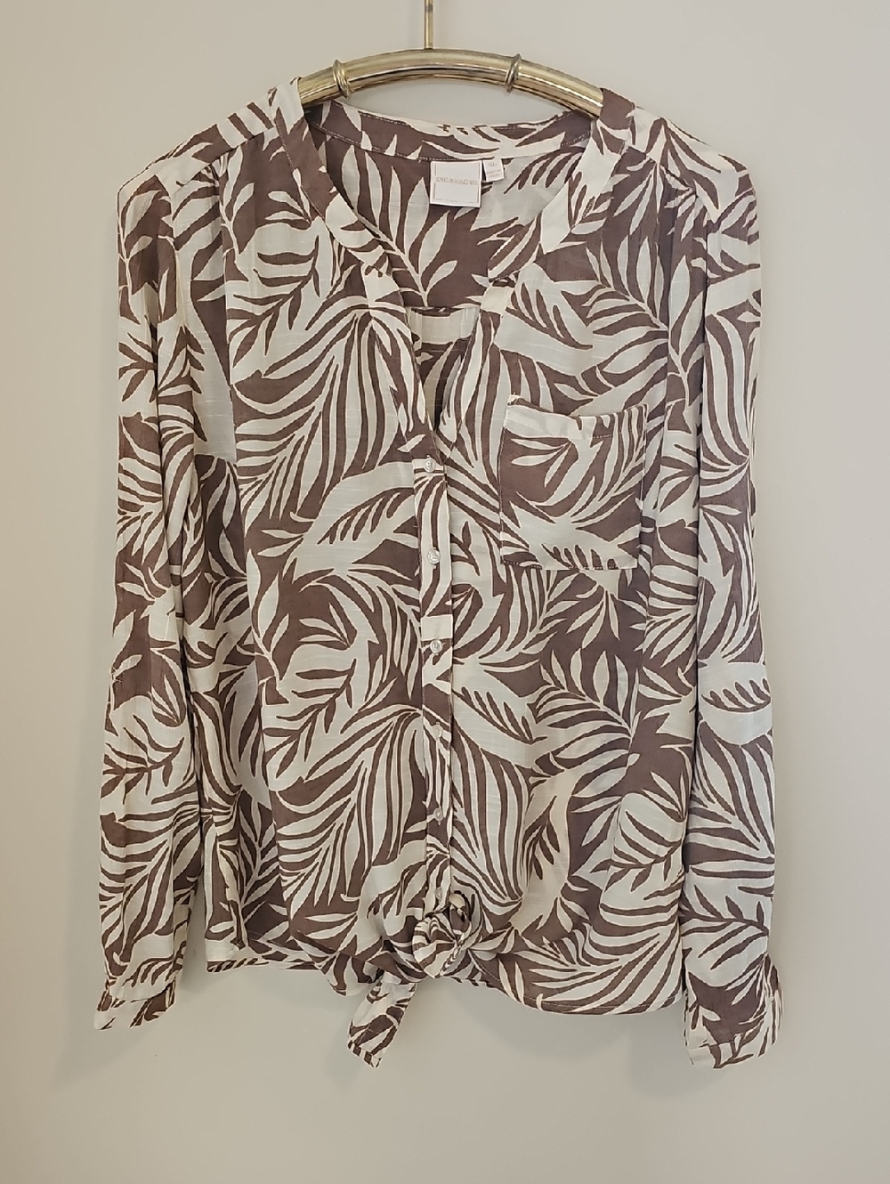 Zac & Rachel Tie Front Palm Leaf‎ Blouse Womens Sz XL Brown White Tropical Shirt